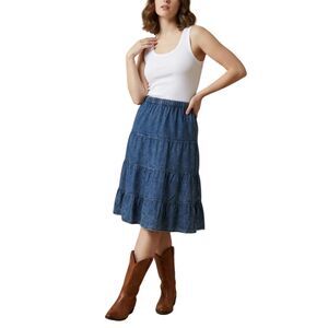 Studio West Denim (Rayon) Tiered Skirt M Elastic Waist Flowy Western Boho Midi